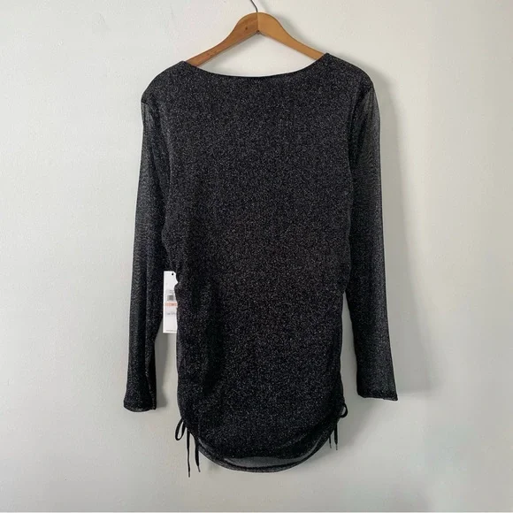 NWT New Calvin Klein Woman Black Metallic Thread Tie Side Long Sleeve Top 2X - Picture 3 of 6